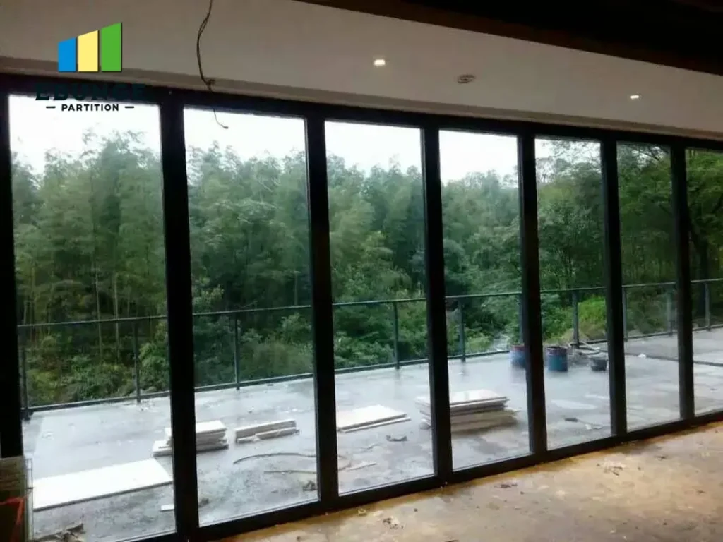 movable partition wall in an exhibition hall with acoustic panels and top-hung track