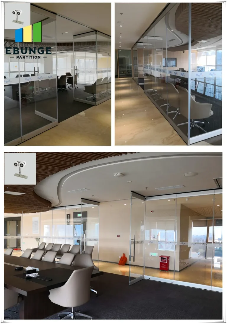 showing acoustic partition with top-hung track system