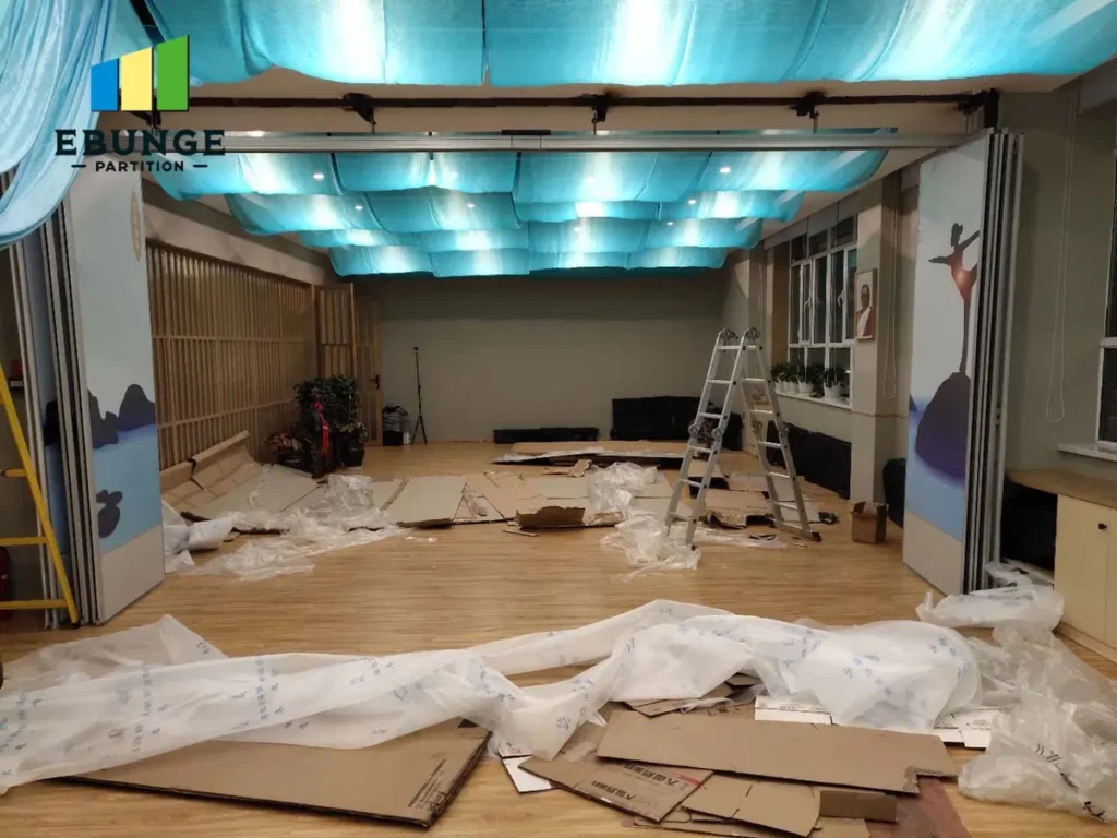 movable partition wall with door in a hotel banquet hall