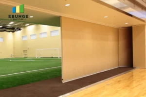 Indoor sports facility with artificial turf, a small goal, and beige movable partitions along the edge; Ebunge Partition logo in the top-left corner