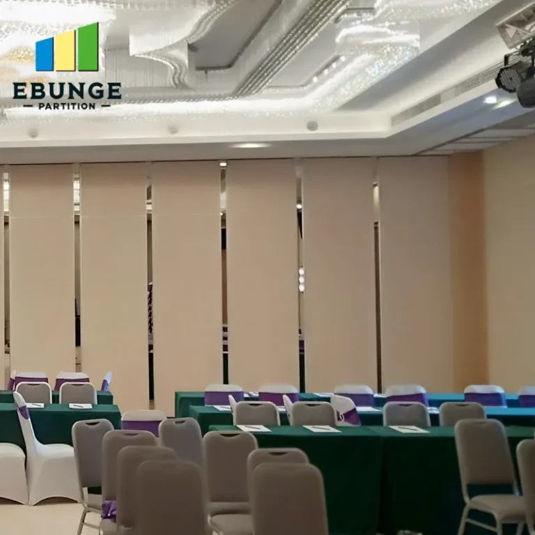 movable partition wall panels stacked neatly in an exhibition hall
