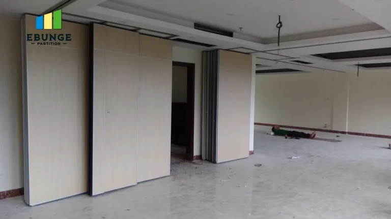 movable partition stacking layout in a training center with top-hung track
