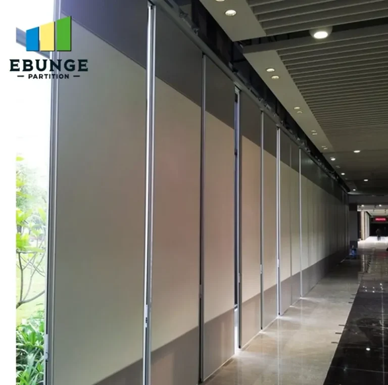 of a sliding partition wall with door in a large exhibition hall, showing flexible