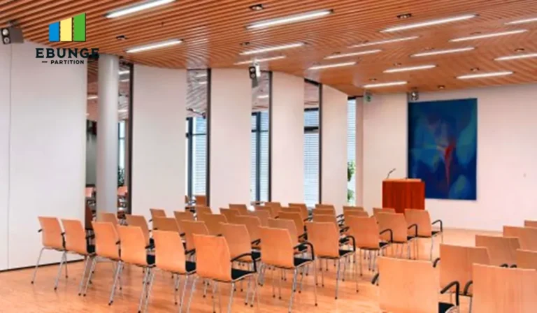 of a movable partition wall with door in an exhibition hall setting