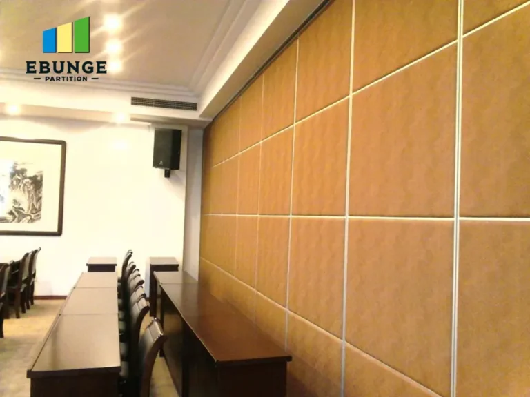 movable partition wall panels stacked in exhibition hall