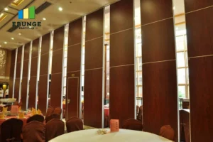 acoustic folding partitions dividing a conference room into two flexible spaces