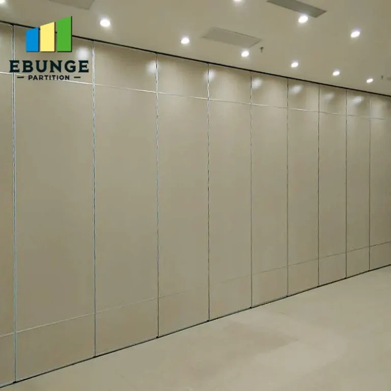 movable partition panel stacking in a conference room with acoustic panels