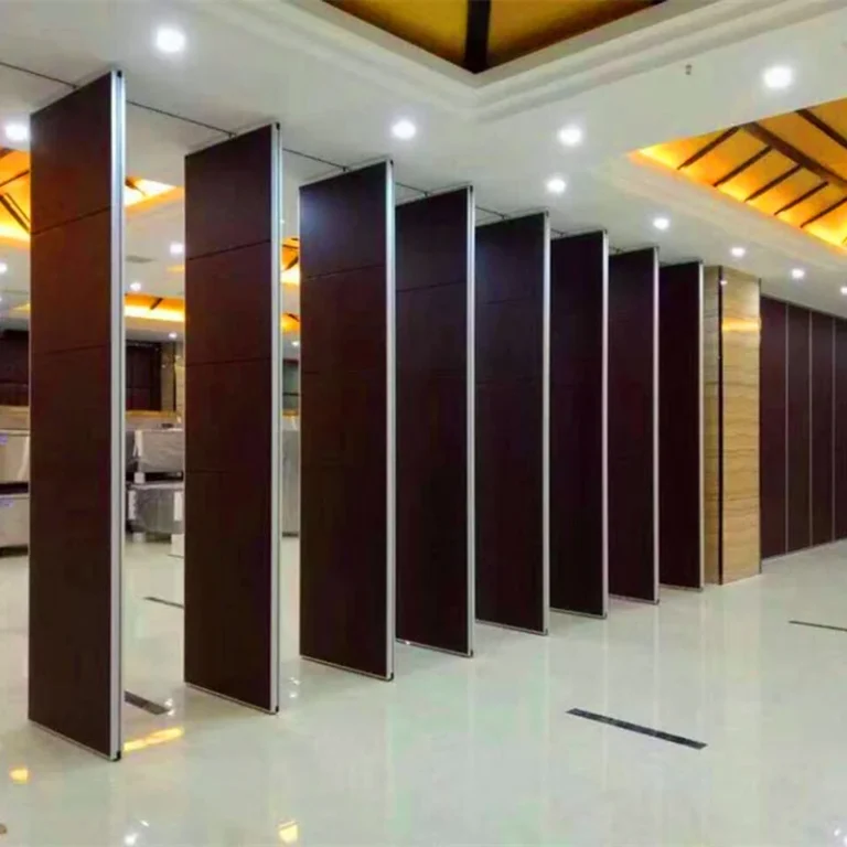 Dark wood movable partition panels opened in a hall