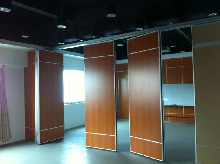 Partially opened wood-finish movable partition panels