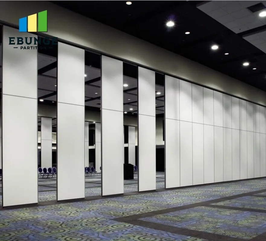 Partly open movable partition with several panels across a large room