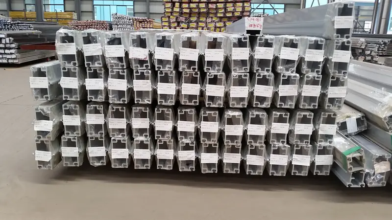 Wrapped aluminium track profiles stored at the factory
