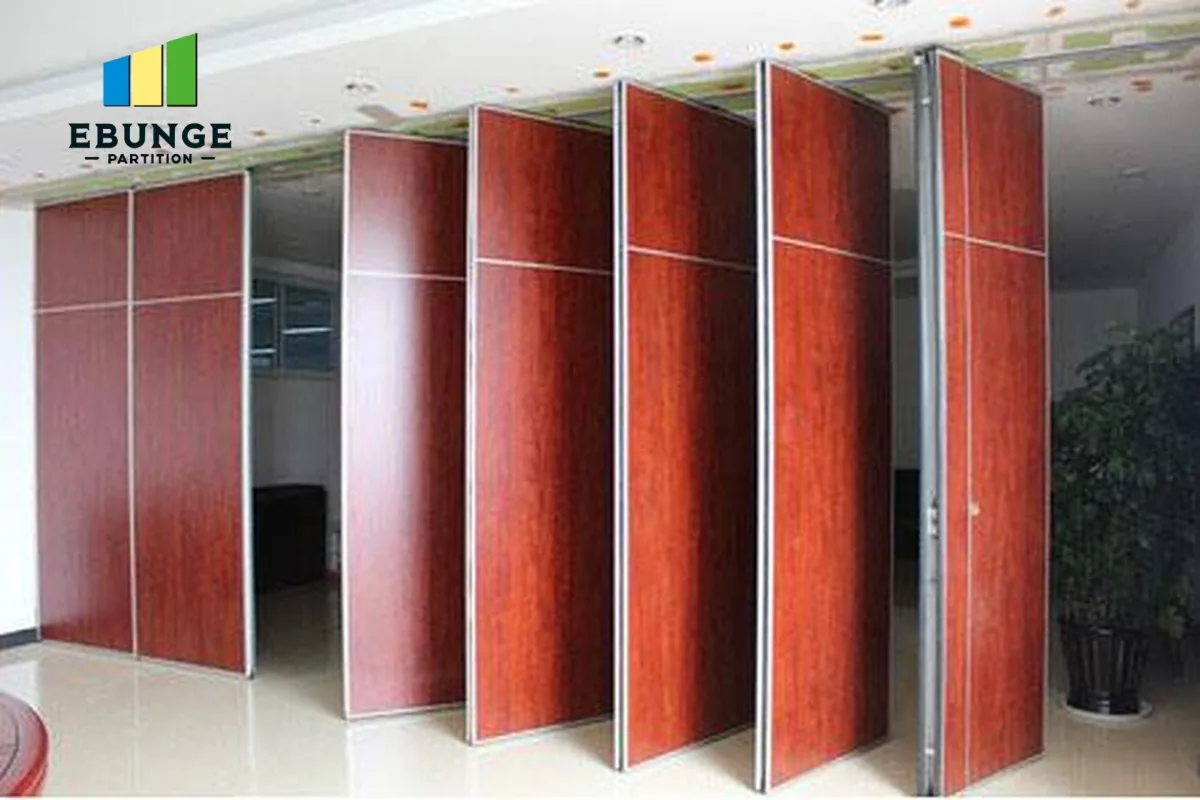 Red wood finish movable panels spaced along their overhead route