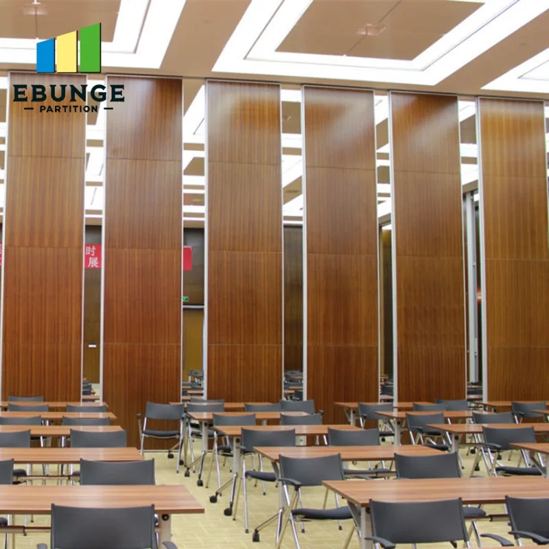 Real wood-look movable partition panels separating a furnished multipurpose room