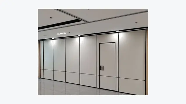 Closed top-hung operable wall with a pass-door panel in a multi-purpose room