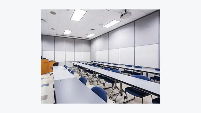 Top-hung operable wall panels in a training and community room